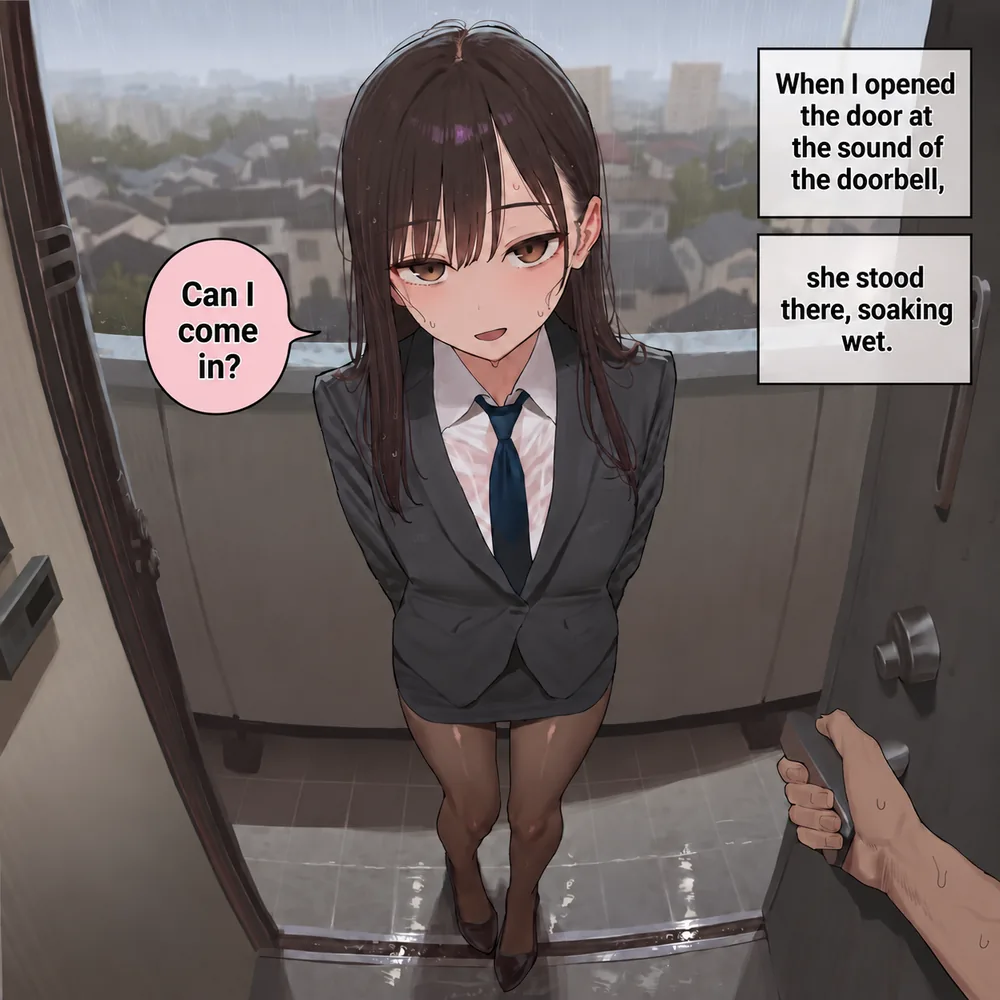 Webtoon panel: a woman soaked by the rain stands at the door and asks, “Can I come in?”
